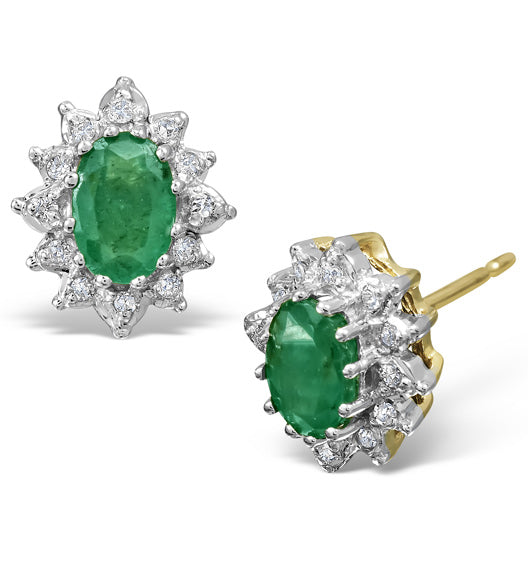 Emerald 6 x 4mm And Diamond Cluster 9K Yellow Gold Earrings B3689